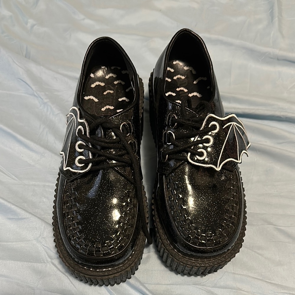 Dollskill Demonia black sparkly platform bat wing Halloween creeper shoes size 7